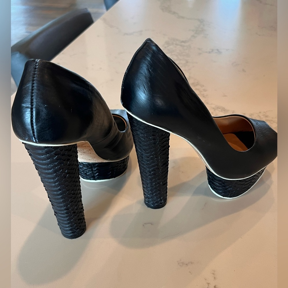 L.A.M.B. Black Leather Chunky Peep Toe Pumps